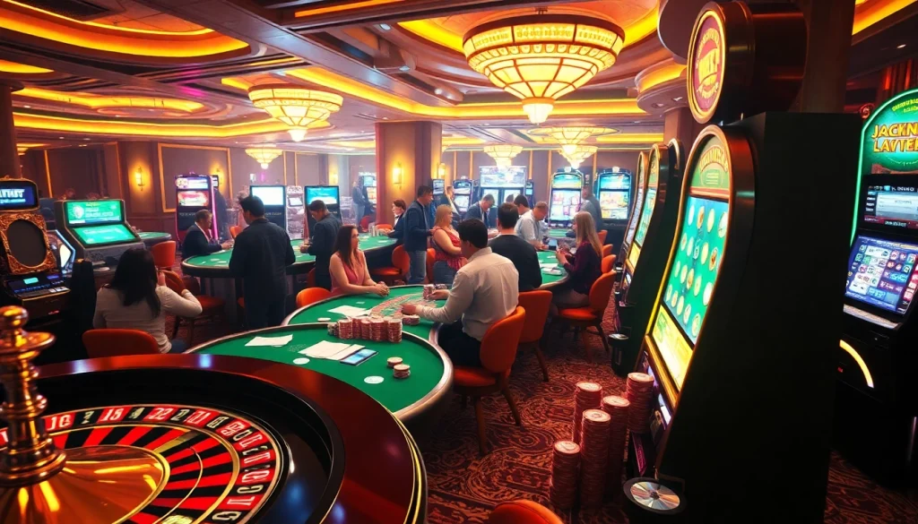 Players enjoying a thrilling moment at a casino featuring link thabet on digital screens showcasing betting options.